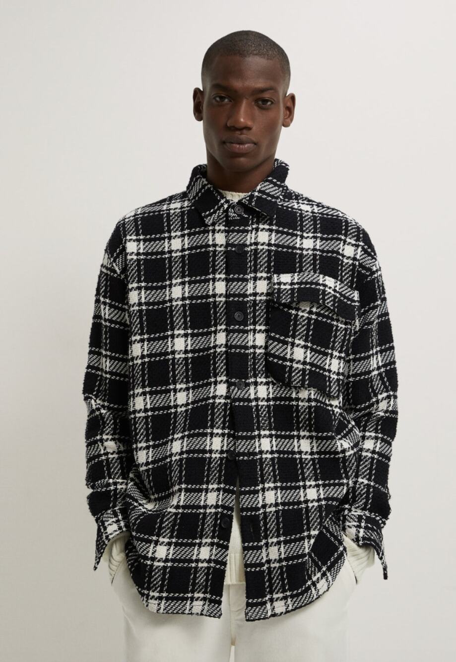 ZARA Black White Textured Check Plaid Overshirt Button-Up Shacket Relaxed Fit S